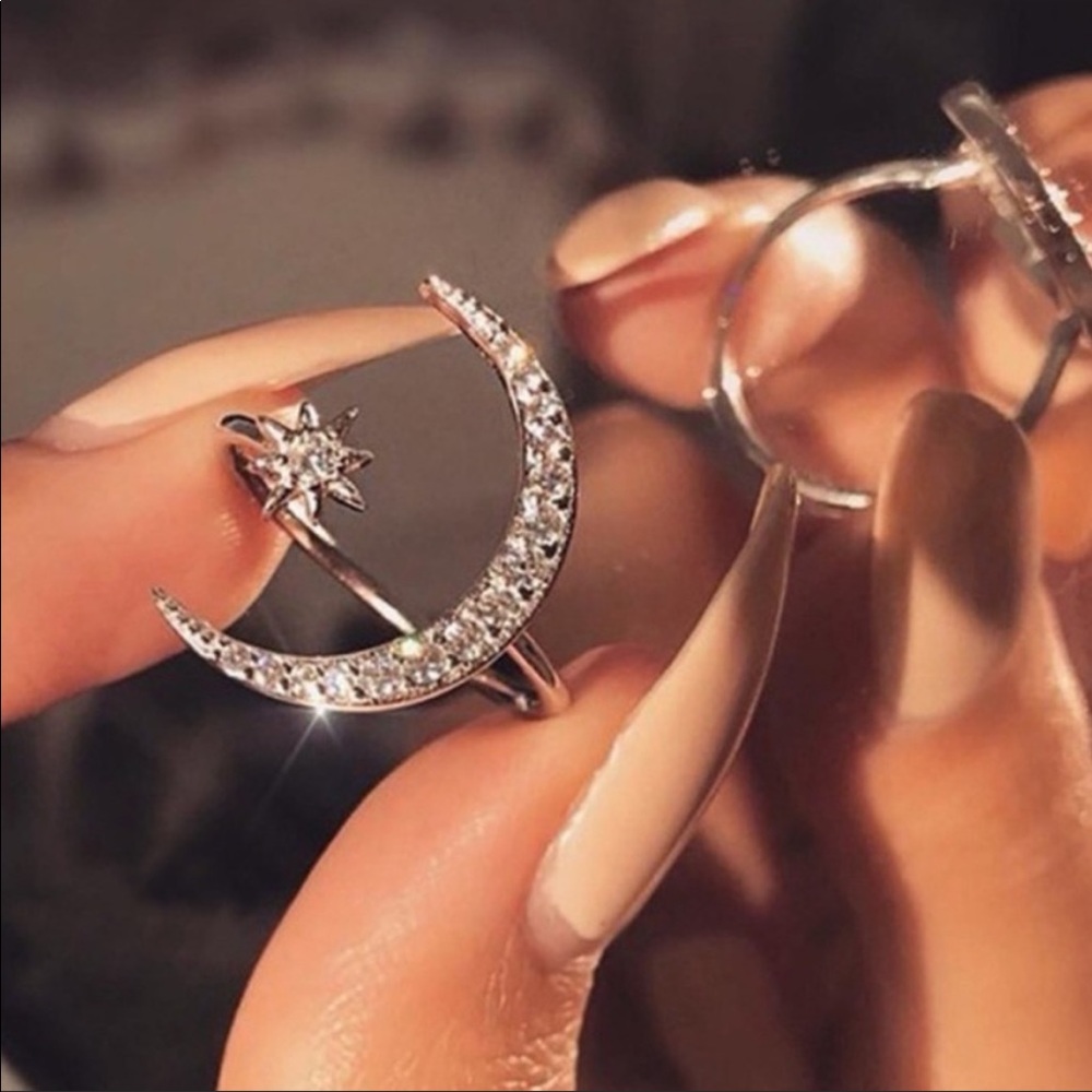 NEW DIAMOND SILVER MOON STAR ADJUSTABLE RING - Picture 3 of 6